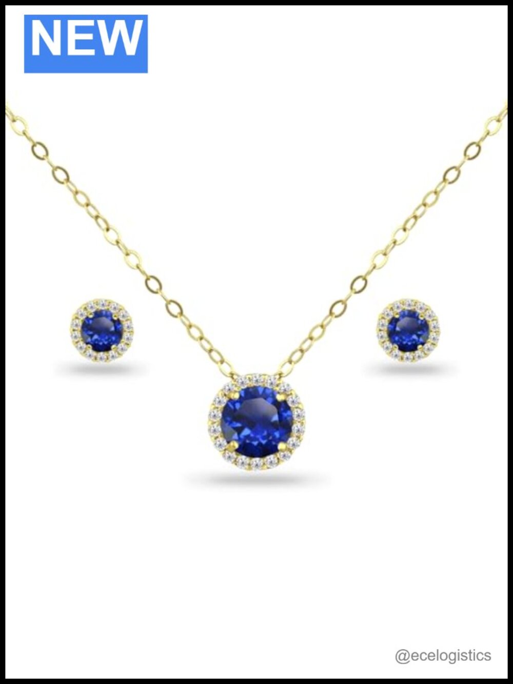 Yellow Gold Flashed Sterling Silver Simulated Blue Sapphire Halo Necklace